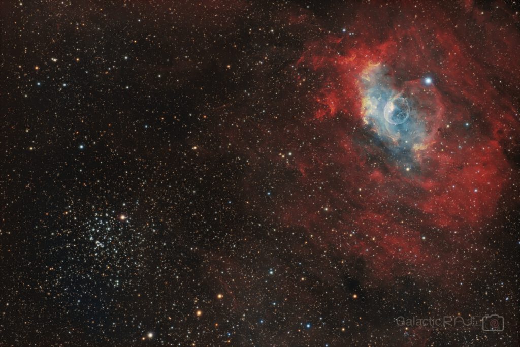 Cosmic contrasts - the bubble NGC7635 and the open star cluster M52